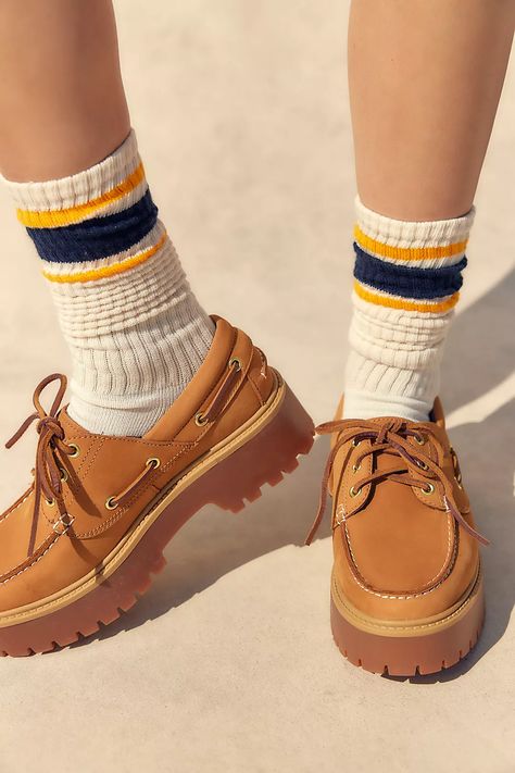 Timberland Stone Street Boat Shoes | Free People Boat Shoes With Socks, Boat Shoes Outfit, Timberland Loafers, Timberland Boat Shoes, Preppy Aesthetic Outfits, Timberland Classic, Stone Street, Yellow Boots, Cute Nike Shoes