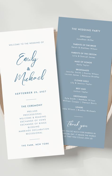 Our elegant slim wedding program card design is perfect for your minimalist wedding celebration. Customise yourself online to your special event! Dusty Blue Weddings, Calligraphy Script, Wedding Program, Wedding Celebration, Wedding Programs, Minimalist Wedding, Blue Wedding, Wedding Bells, Dusty Blue