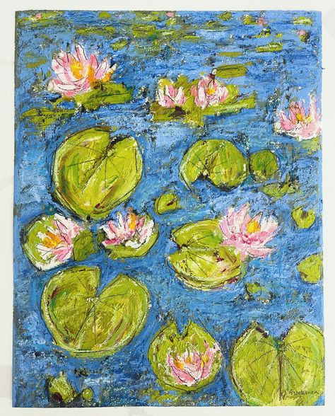 Lotus Pond. Oil pastel, oil stick, and pencil on paper 11x14 Oil Painting On Paper, Lotus Painting, Oil Pastel Paintings, Lotus Pond, Pencil On Paper, Painting On Paper, Impressionist Paintings, Collage Paper, Pastel Painting