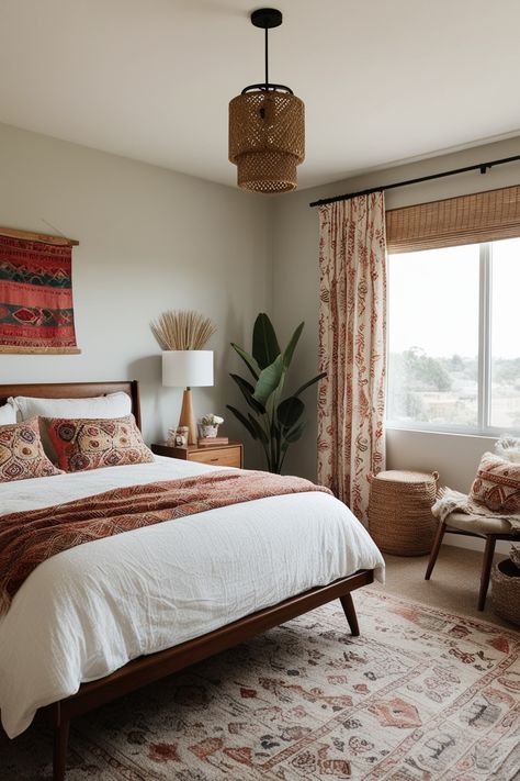 Tones Boho Bedroom Lighting Ideas, Meditteranean Bedroom, Transitional Bedroom Inspirations, Boho Luxe Bedroom, Aztec Bedroom Ideas, Bedroom Boho Modern, Boho Mid Century Modern Bedroom, Mid Century Boho Bedroom, Log Cabin Bathroom Ideas