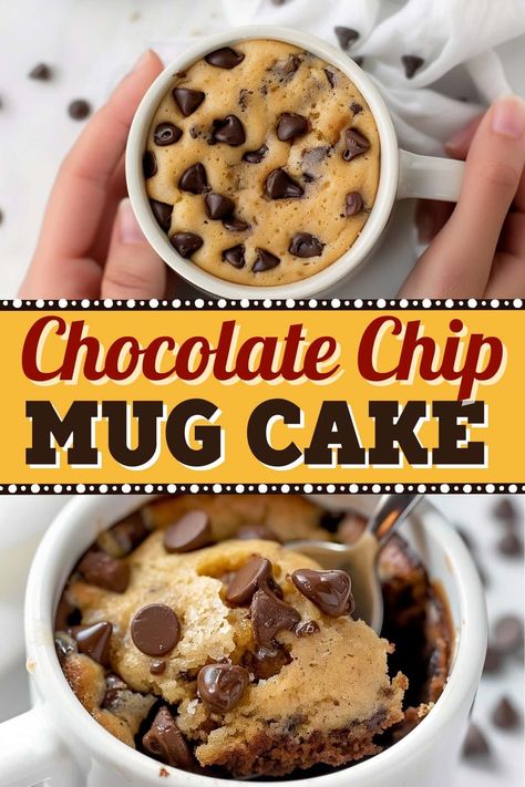 This easy chocolate chip mug cake is lightning fast, deliciously sweet, and fully loaded with ooey-gooey pockets of melted chocolate chips. Chocolate Chip Mug Cookie, Mug Cookie, Chocolate Chip Mug Cake, Chip Mug, Cookie In A Mug, Super Easy Desserts, Mug Cakes, Mug Recipes, In A Mug