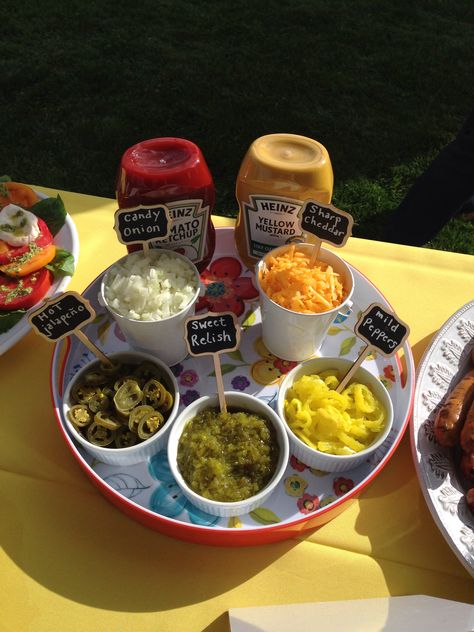 Bonfire Hot Dog Bar, Hot Dog Condiment Bar, Halloween Hot Dog Bar, Hot Dog Condiments, Hot Diggity Dog Bar Ideas, Burger And Hot Dog Bar Party Ideas, Hot Dog Toppings Bar, Bar Condiments, Hot Dog Picnic