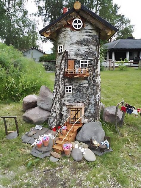 20 Captivating Gnome Garden Ideas to Transform Your Backyard Stump House Ideas, Garden Side Of House, Gnome Tree Stump House, Gnome Garden Ideas, Tree Stump House, Stump House, Pistachio Tree, Gnome Village, Outdoor Fall Decor Ideas