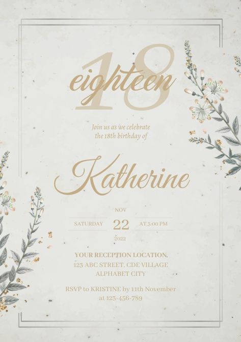 Invitation For Debut Template, A Decade And Eight Debut Invitation, Invitation For 18th Birthday Design, 18th Birthday Invations Card, Invitation Card Debut Ideas, Invitation For Debut Ideas, Simple Debut Invitation Ideas, 18th Invitation Card Aesthetic, Pretty Birthday Invitations