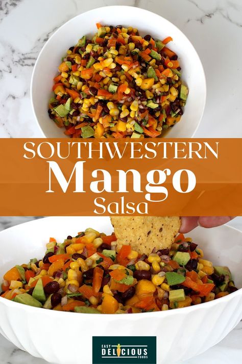 This is the BEST Mango Salsa Recipe. It's super easy to make, but has corn, black beans, avocados, bell peppers and more. It's seriously ridiculously good. I highly recommend. Best Mango Salsa, Mango Corn Salsa, Black Beans And Corn, Mango Salsa Recipe, Avocado Salsa Recipe, Mango Salsa Recipes, Black Bean Corn, Corn Salsa, Avocado Salsa