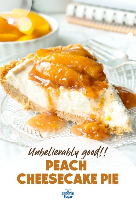 Who doesn't love a fresh peach pie or a cheesecake? The two mouth-watering desserts collide in a deliciously easy way in this Peach Cheesecake Pie. This chilled and creamy no-bake cheesecake has a homemade graham cracker crust and is topped with a delicious peach sauce. For more pie recipes and ideas visit ImperialSugar.com and pin your favorites! Made this recipe? Show us! #imperialsugar #cheesecakerecipes #pierecipes Homemade Graham Cracker, Chocolate Graham Cracker Crust, Fresh Peach Pie, Peach Sauce, Peach Cheesecake, Homemade Graham Cracker Crust, Homemade Graham Crackers, Baked Peach, Cheesecake Pie