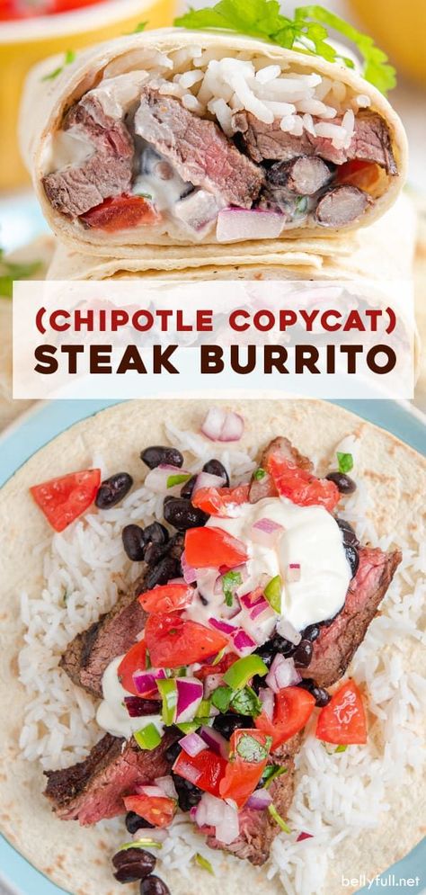 Easy Steak Burrito Recipe, Steak Fajita Burrito, Flank Steak Burritos, Steak And Rice Burritos, Homemade Chipotle Bowl Steak, Qdoba Steak Recipe, Chipotle Steak Burrito Bowl, Qdoba Recipes, Burritos Steak