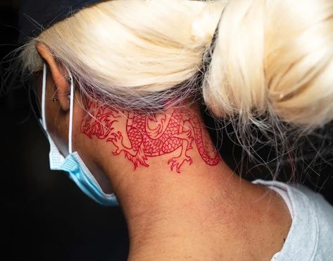 Red Dragon Neck Tattoo Design Dragon Neck Tattoo For Women, Dragon Behind Ear Tattoo, Red Dragon Tattoo Design, Dragon Tattoo Behind Ear, Japanese Tattoos Women, Tattoo Outline Ideas, Red Neck Tattoos, Dragon Neck Tattoo, Dragon Tattoo Neck