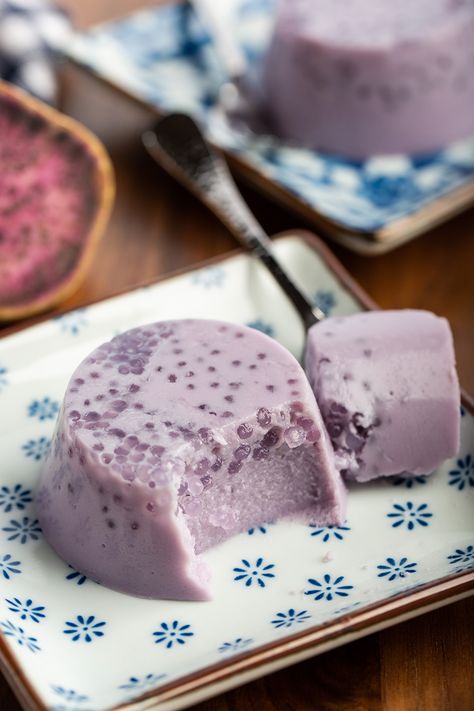 Steamed Sweet Potato, Tapioca Pudding, Purple Sweet Potato, Coconut Pudding, Purple Food, Make Ahead Desserts, Unflavored Gelatin, Tapioca Pearls, Purple Sweet Potatoes