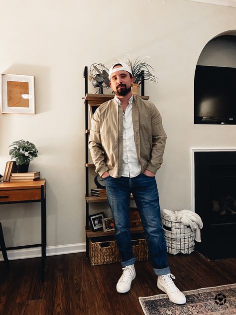 Men’s date night look with jeans, high top canvas shoes, a white button down and a tan bomber jacket White Button Down, Night Looks, Canvas Shoes, High Top, Date Night, High Tops, Men's Fashion, Mens Jeans, Mens Jackets