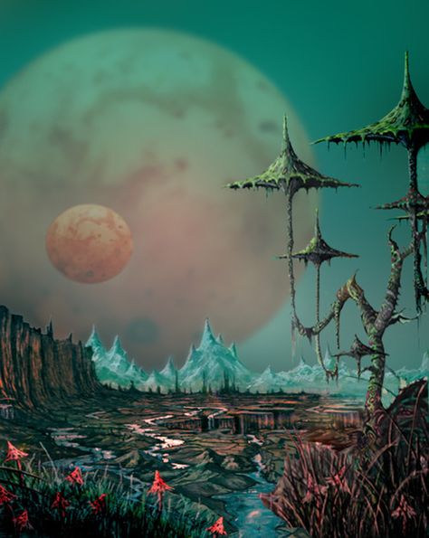 Rodney Matthews, Alien Landscape, Sci Fi Landscape, 70s Sci Fi Art, Arte Peculiar, Scifi Fantasy Art, Classic Sci Fi, Alien Worlds, Futuristic Art