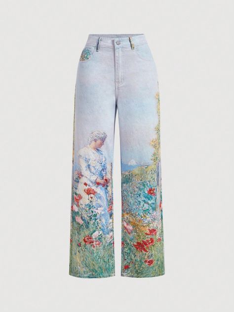 Women's Vintage Loose Wide Leg Jeans With Tea Break Painting Print, Made Of Cotton Multicolor Casual   Denim Floral,Plants Straight Leg Non-Stretch  Women Clothing, size features are:Bust: ,Length: ,Sleeve Length: Food Print Clothes, Patterned Pants, Outfits Woman, Vintage Denim Jeans, Cropped Leather Jacket, Tea Break, Embellished Denim, Printed Sleeveless Top, Embellished Jeans