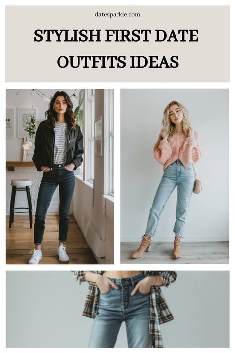 Stylish women in casual outfits for a first date, featuring jeans and cozy tops indoors. Cute Simple Date Outfits, Classy First Date Outfit, Date Outfits Ideas, 1st Date Outfit, Casual First Date Outfit, First Date Outfit Casual, Museum Date Outfit, First Date Outfit Ideas, Casual Date Outfit