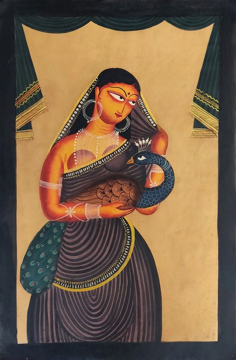 South Indian Folk Art, Kalighat Patachitra, Painting On Saree, Folk Painting Ideas, Kalighat Paintings, Kali Temple, Jamini Roy, Worli Painting, Canvas Art Painting Abstract