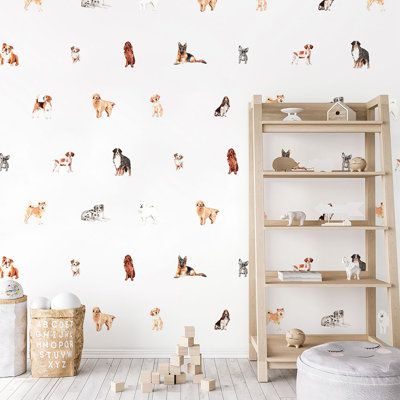 Our Dog decal pack will supply any space with the pawsome decor you’ve been looking for. | Wildon Home® Wall Decal 50.0 W in black / brown / whiteVinyl in Black;brown;white | Wayfair | Home Decor Dog Wall Decals, Puppy Nursery, Dog Nursery, Glider Rocker, Dog Decals, Mini Dogs, Dog Wall Art, Textured Wall, Accent Walls