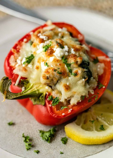 Greek Stuffed Bell Peppers + VIDEO - Kevin Is Cooking Stuffed Bell Peppers Greek Style, Stuffed Peppers With Chicken, Pasta Bread Bowl, Ground Chicken Stuffed Peppers, Bell Pepper Recipe, Greek Stuffed Peppers, Stuffed Bell Peppers Chicken, Vegan Crumble, Stuffed Bell Pepper