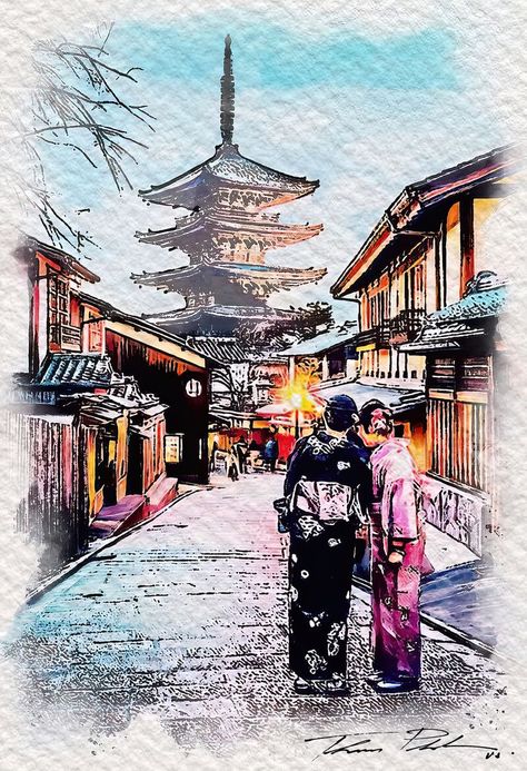 Neo Art Mixed Media, Watercolor Art 05 21 2022 Temple in Kyoto, Japan Kyoto Art, Mixed Media Watercolor, Japan Temple, Japanese Geisha, Art Mixed Media, World View, Kyoto Japan, Japan Art, Mixed Media Art