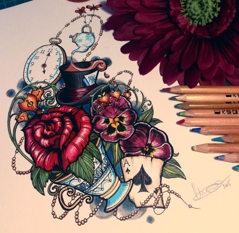 Alice in wonderland - Neo Traditional Alice In Wonderland Flowers, Stile Harry Potter, Arte Doodle, Wonderland Tattoo, Theme Tattoo, Geniale Tattoos, Traditional Tattoo Design, Desenho Tattoo, Disney Tattoos