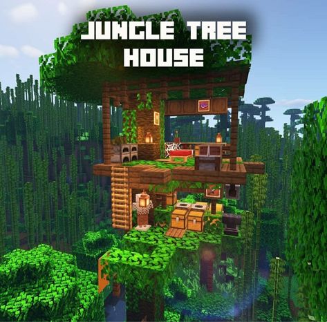 Minecraft Jungle House Easy, Minecraft Building Ideas Jungle, Jungle Wood House Minecraft, Minecraft Tropical Builds, Jungle Home Minecraft, Jungle Tree House Minecraft, Minecraft Woodland Mansion, Best Minecraft Houses, Minecraft Bamboo House