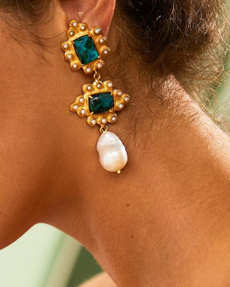 Baroque Wedding Dress, Christie Nicolaides, Baroque Wedding, Colourful Earrings, Moon Wedding, Amazonite Stone, Blue Wedding Dresses, Statement Drop Earrings, Earrings Green