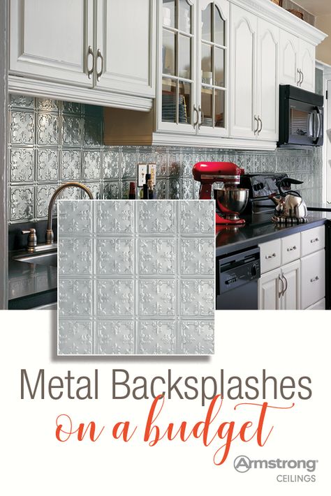 Metal Backsplash Ideas, Kitchen Backsplash Diy, Metal Backsplash Kitchen, Metal Backsplash, Metal Tile Backsplash, Backsplash Diy, Stove Backsplash, Simple Kitchen Remodel, Diy Kitchen Backsplash