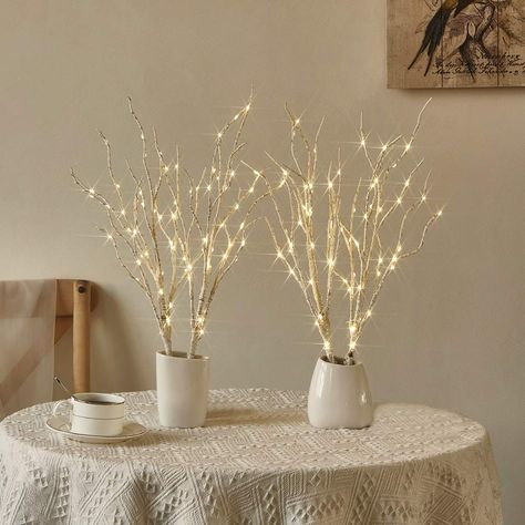 Twig Lights, Christmas Wedding Party, Lighted Centerpieces, White Branches, Lighted Branches, Birch Branches, Vase With Lights, Fun Christmas Decorations, Indoor String Lights