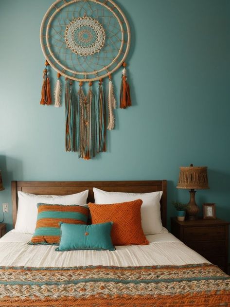 Create a striking boho-inspired accent wall in your bedroom with a bold, earthy paint color like deep turquoise or burnt orange. Complement the boho theme by adding a macramé wall hanging and a dreamcatcher as decorative elements. Boho Bedroom Accent Wall, Orange Boho Bedroom, Accent Wall Ideas, Deep Turquoise, Boho Theme, Bedroom Boho, Decorative Elements, Wall Ideas, Boho Bedroom