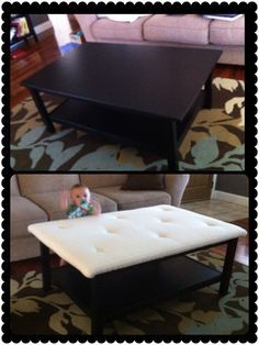 Baby Proof! Upholstered Coffee Table ;) followed this blog http://newlywedmcgees.blogspot.com/2012/08/diy-upholstered-ottoman.html?m=1 Ottoman Coffee Tables, Baby Proof House, Tufted Ottoman Coffee Table, Upholstered Coffee Table, Kid Friendly Living Room, Wicker Storage Baskets, Upholstered Coffee Tables, Justin Baby