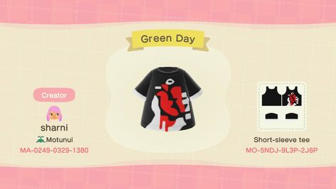 Punk Acnh Clothes, Acnh Band Tee Code, Acnh Band Shirts, Acnh Shirts Design Codes, Animal Crossing Shirt Designs Pattern, Acnh Tee Shirt Designs, Acnh Graphic Tee Code, Animal Crossing Shirt Designs Pixel, Green Day Shirt