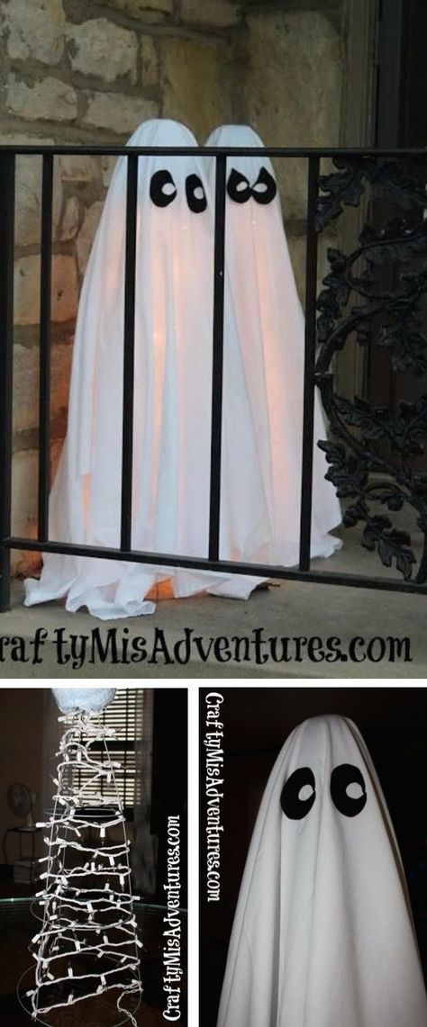 DIY Halloween Decor for the front porch! Super easy and cheap illuminated ghosts using tomato cages and a sheet. Meme Costume, Scary Halloween Decorations Outdoor, Halloween Party Decor Diy, Cheap Halloween Decorations, Homemade Halloween Decorations, Easy Halloween Decorations, Diy Halloween Decor, Harry Potter Halloween, Cheap Halloween