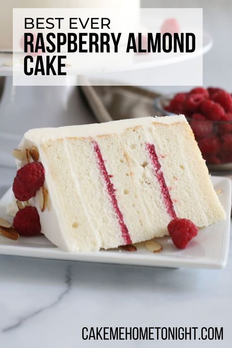 Delicious Moist Cake Recipes, Wedding Cake Birthday Cake, Best White Almond Cake Recipe, Best Flavored Cakes, Cakes With Raspberry Filling, Almond Flavored Cake Recipe, Almond Wedding Cake With Raspberry Filling, French Cakes Recipe, Raspberry Almond Desserts