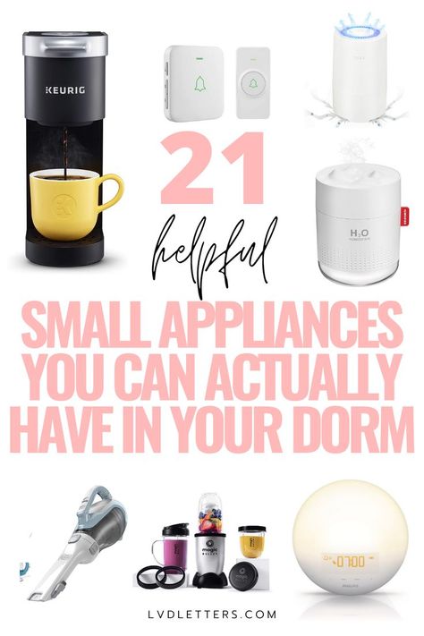 21 helpful small appliances you can actually have in your dorm room. Collage of small appliances for dorm rooms including Keurig, doorbell, humidifier, air purifier, vacuum, nutribullet, and light-up alarm clock College Move In Day, College Must Haves, Move In Day, Before College, College Dorm Room Inspiration, Small Dorm Room, Small Dorm, Student Room, Dorm Room Inspiration