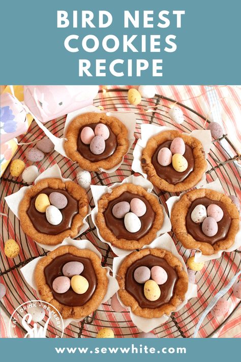 This bird nest cookies recipe is the perfect bake for Easter. A cookie cup filled with chocolate ganache and topped with mini eggs. Great fun for kids and using cookie dough to make Easter nests is the best way to enjoy them. Add a scoop of ice cream to turn these Easter cookie cups into a delicious Easter dessert. Easter Cookie Nests, Mini Easter Desserts, Bird Nest Cookies, Easy Easter Cookies, Birds Nest Cookies, Yummy Easter Desserts, Easter Egg Nest, Mini Eggs Cookies, Custard Cookies