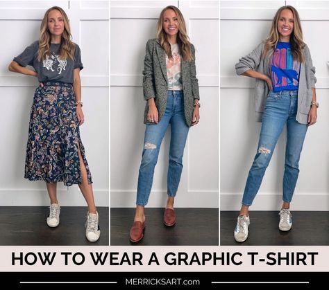 How to Wear a Graphic T-Shirt (3 Outfit Ideas) - Merrick's Art Graphic Tee Shirt Outfit, Fashion Quiz, Tee Outfits, Neon Prom Dresses, Monochrome Makeup, Tee Shirt Outfit, Knotted Shirt, Boho Rock, Outfit Combos