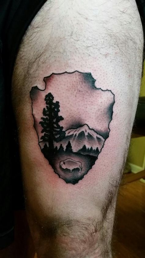 National Park Service Logo  #nationalparkservice #NPS #wildlife #tattoo #NewJersey #findyourpark #adventure #nationalpark #traditionaltattoo #parkservices #travel #nps100 #yellowstone #nationalparktattoo #wilderness #nature National Park Service Tattoo, Yellowstone National Park Tattoo Ideas, Yellowstone National Park Tattoo, National Park Tattoo Ideas, Yellowstone Tattoo, National Park Tattoo, Meaningful Tattoos For Girls, Magnolia Tattoos, Wildlife Tattoo