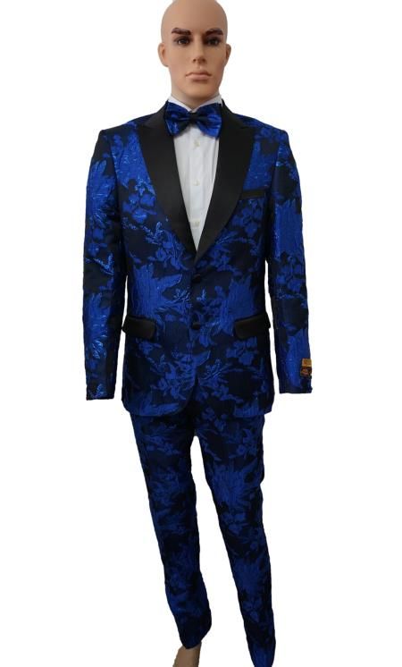 2 Buttons Single Breasted Peak Lapel One Chest Pocket Two Flap Front Pockets Paisley Pattern Color: Royal Blue Blue Suit For Men, Mens Prom, Peak Lapel Suit, Suit Pocket, Suit Prom, Prom For Guys, Prom Suit, Royal Blue Suit, Prom Tuxedo