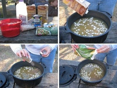 Campfire Soup Recipes, Campfire Chicken And Dumplings, Whole Chicken Over Campfire, Campfire Soups And Stews, Campfire Dutch Oven Chicken Recipes, Campfire Chicken, Chicken And Dumpling Soup, Campfire Dinners, Cooking Over Fire