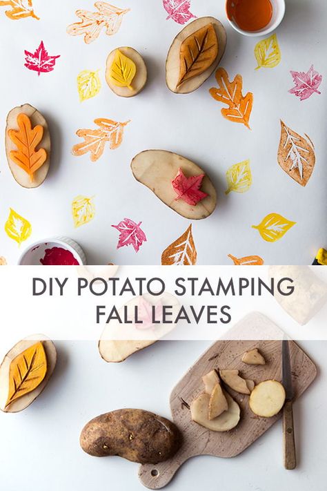 DIY Create some autumnal decoration your home with some potato stamping using fall colours and autumn leaves. Simple crafts for the whole family #PotatoStamping #FallCraft #LeafStamp Potato Stamp Art, Potato Craft, Potato Stamping, Potato Printing, Shark Craft, Potato Stamp, Potato Print, Farmer Boy, Fall Colours