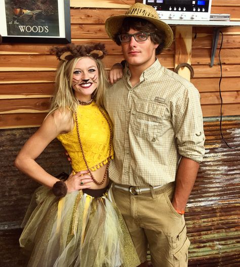 Lion & the zoo keeper!! #halloweencostume #couplescostume Zoo Keeper Couple Costume, Zoo Animal Costumes Group, Adult Lion Costume Woman, Safari Couple Costume, Zoo Animal Costumes Women, Zoo Keeper Outfit, Zookeeper Outfit, Zoo Keeper Costume, Camp Costume