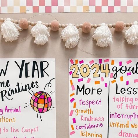 Jess on Instagram: "Update on our 2024 goals 🪩✨🩷 I actually laughed out loud when they wanted to add “less drama” to our goals 🤣 Inspo from @mrskiddscreators" New Year Same Routines Anchor Chart, January Behavior Anchor Chart, New Year Anchor Chart, 2024 Goals, New Year Goals, Anchor Chart, Teaching Writing, Future Classroom, Social Emotional Learning