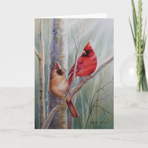 $3.97 | Red Northern Cardinal Bird Pair Watercolor Art #male and female northern cardinals, red cardinal pair in woods, birch tree and limbs, watercolorist jean weiner, sunlight and sunbeams from above, peaceful presence watercolor painting, songbirds perched together art, quiet new day dawning, inspired by nature, greeting card Cardinal Pair, International Day Of Peace, Art Male, Northern Cardinal, Cardinal Bird, Watercolor Red, Cardinal Birds, Red Cardinal, Red Birds