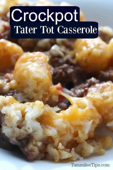 Super easy Crock Pot Tater Tot Casserole recipe made with ground beef is a great family dinner! The slow cooker does all the work and you have an easy dinner you can make ahead and serve.! The perfect combination of ground beef, tater tots, cheese, cream of mushroom or cream of chicken soup and a little time. #crockpot #slowcooker #tatertot #casserole #easyrecipe #comfortfood Crockpot Tater Tot Casserole With Ground Beef, Crockpot Dump Recipes Ground Beef, Dump And Go Crockpot Dinners Ground Beef, Crock Pot Tater Tot Casserole, Tater Casserole, Ground Beef Crockpot Recipes, Casserole Crockpot Recipes, Tater Tot Casserole Recipe, Crockpot Express