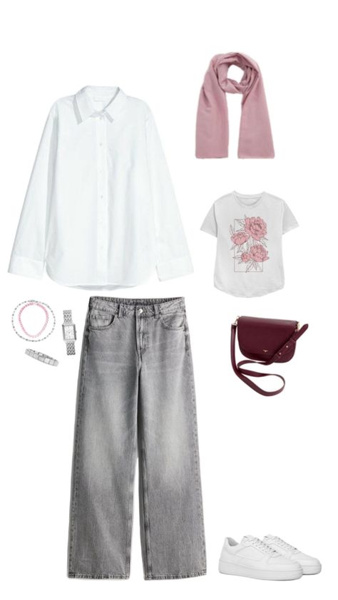 white shirt, white sneakers, gray wide leg jeans, pink hijab, burgundy bag, white graphic tee, hijabi outfit Gray Hijab Outfit, Grey Hijab Outfit, Gray Wide Leg Jeans, Hijabi Summer Outfits, Hijab Outfit Summer, Grey Hijab, Pink Hijab, Burgundy Bag, Hijabi Outfit