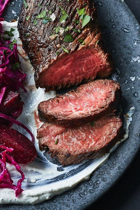 Though it stands alone on Koketsu’s menu, we’ve topped our version with hanger steak for a quick weeknight dinner. While the steak cooks, the cabbage and beets marinate in a tangy mixture of Champagne vinegar and horseradish. Bleu d’Auvergne cheese is worth seeking out for its mild flavor.#steak #steakrecipes Steak Aesthetic, Steak Menu, Good Steak Recipes, Cabbage Steaks, Beet Salad Recipes, Hanger Steak, Champagne Vinegar, Beet Recipes, Steak Recipe