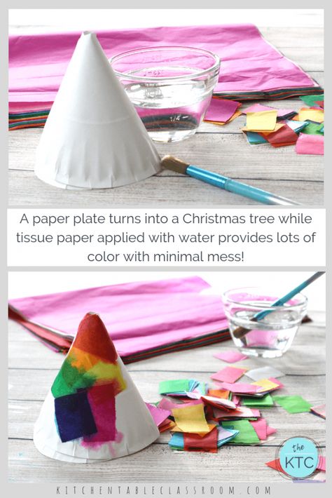 These tissue paper Christmas trees are a fast & easy Christmas craft for any age. Make a Christmas tree from a paper plate & add color with tissue paper! Tissue Paper Christmas Trees, Paper Christmas Trees, Easy Christmas Craft, Christmas Art Projects, Paper Christmas Tree, Christmas Tree Crafts, Christmas School, Preschool Christmas, Christmas Classroom