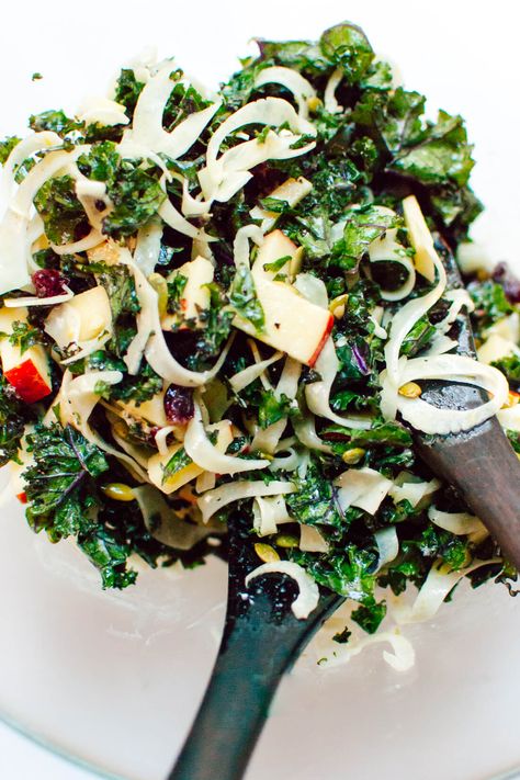 Fennel, apple and kale salad Salad With Fennel, Healthy Thanksgiving Sides, Cookie Salad, Thanksgiving Side Dishes Healthy, Honeycrisp Apple, Vegetarian Thanksgiving Recipes, Cookie And Kate, Vegetarian Thanksgiving, Healthy Thanksgiving