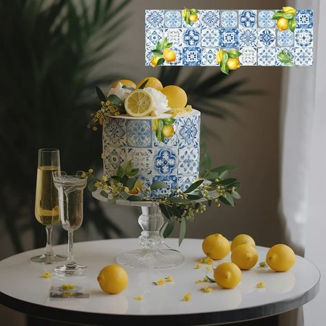 Wedding Cake Printable Design Lemon With Tiles , Bridal Cake, Lemon Direction. Paper Design - Etsy Lemon Template, Lemons Cake, Lemon Wedding Cakes, Cake Printable, Bridal Cake, Italian Party, Cake Lemon, Italian Cake, Blue Cakes