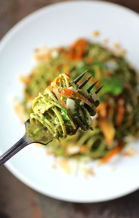 Nutritious spaghetti noodles made from edamame get dressed in a kale-cilantro pesto and topped with big flavors from coconut and ginger, for a vegetarian Edamame Spaghetti with Kale Cilantro Pesto. You can easily make it vegan, as well. | ShockinglyDelicious.com Edamame Spaghetti Recipes, Edamame Pasta Recipes, Wheat Free Pasta, Spaghetti Pasta Recipe, Edamame Noodles, Edamame Spaghetti, Edamame Pasta, Gluten Free Pesto, Spagetti Recipe