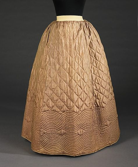 Quilted Petticoat - 1840-55 silk,cotton,wool    Brooklyn Museum Costume Collection at the MET Quilted Petticoat, 1850s Fashion, 19th Century Clothing, 18th Century Dress, Historical Dress, 18th Century Costume, 18th Century Fashion, 19th Century Fashion, Century Clothing