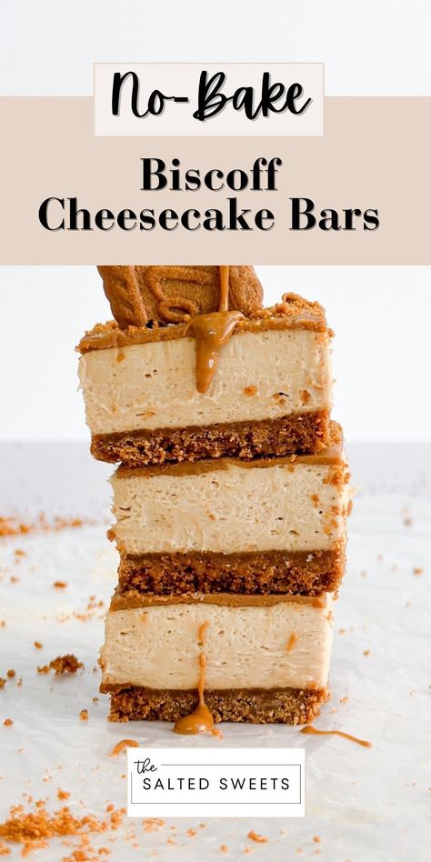 These no bake biscoff cheesecake bars are made with a biscoff cookie crust, topped with a creamy no bake biscoff cheesecake and topped with some biscoff cookie spread on top. They are a biscoff lovers dream, and so easy to make! No Bake Biscoff Cheesecake Bars, Cookie Butter Bars Biscoff, Biscoff Cookie Bars, Cookie Butter Cheesecake No Bake, Cookie Butter Cheesecake Bars, Bischoff Recipes, Bischoff Cheesecake, Biscoff Dessert Recipes, Mini Biscoff Cheesecake